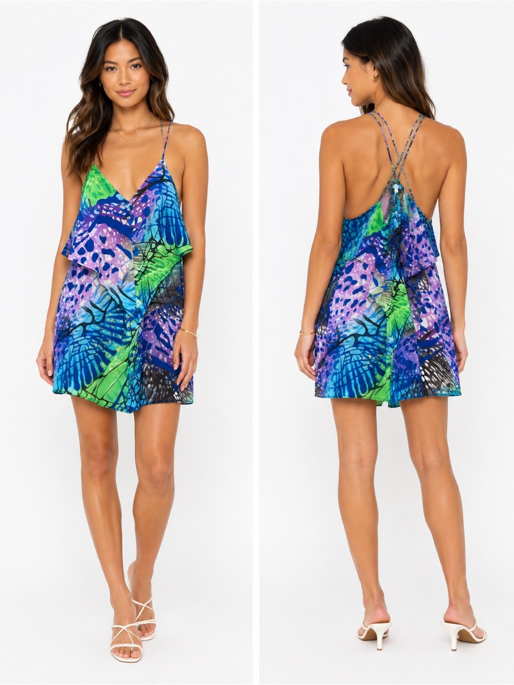 GLAM Blue & Green Tropical V-Mini Dress Size L